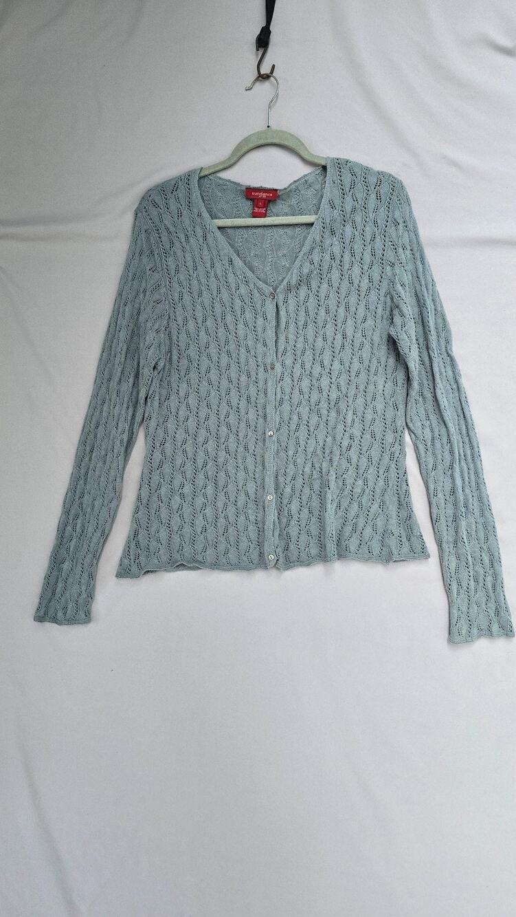 Sundance Cardigan Sweater Womens Large Blue Open Knit Button Long Sleeve Boho